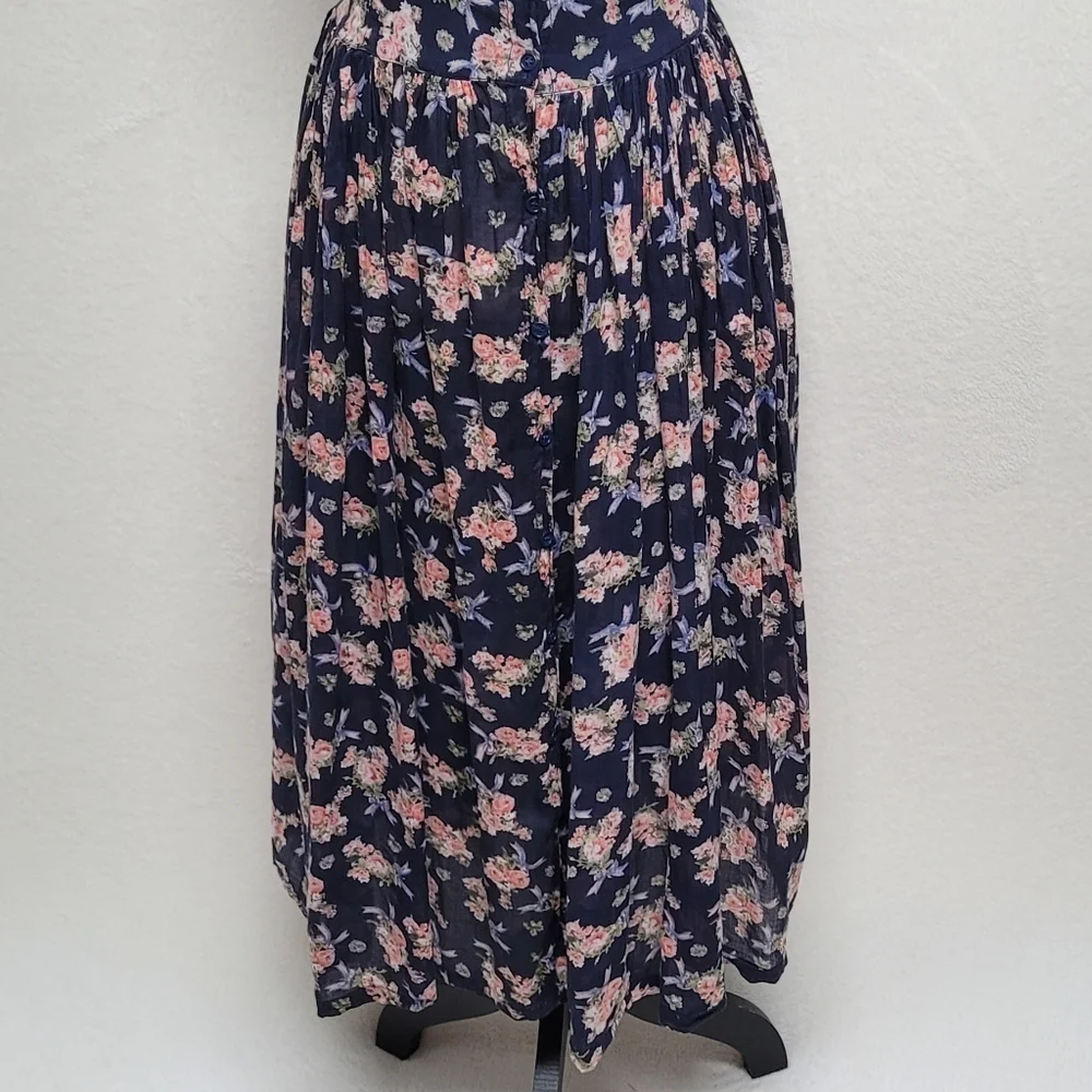 1970s Vintage Sita Blue Pink Floral Scoop Neck Tie-Waist Fit & Flare Midi Dress - Picture 4 of 12